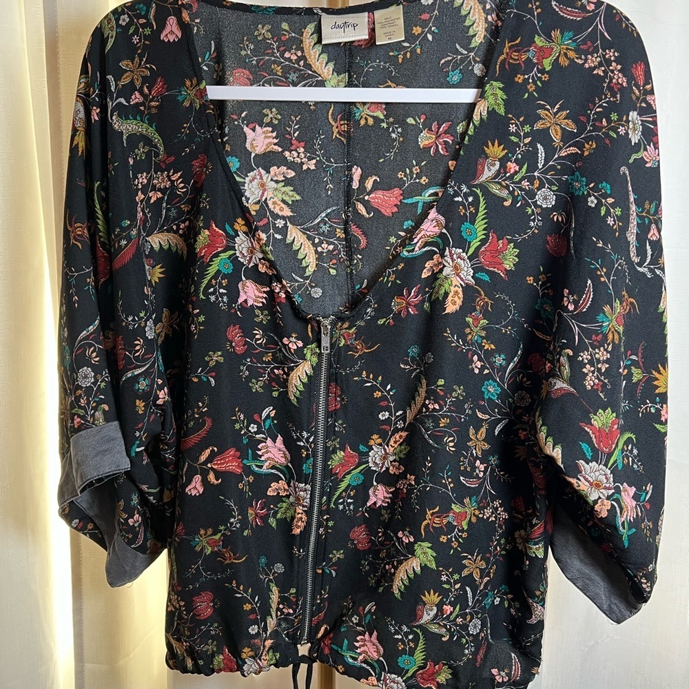Day Trip Black Tie Front Blouse with Red Floral Pattern